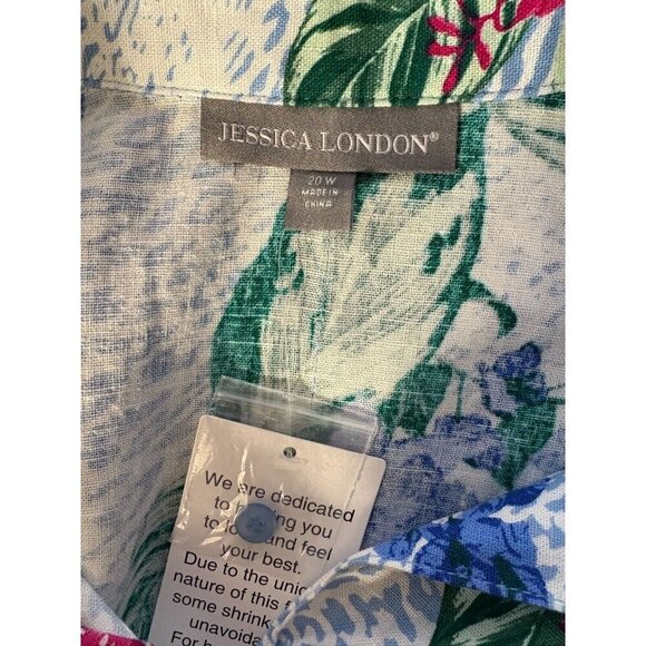 Jssica London +20W Blue-Pink Floral Button Linen Blend Collar 3/4 Sleeve Shirt - Picture 6 of 6